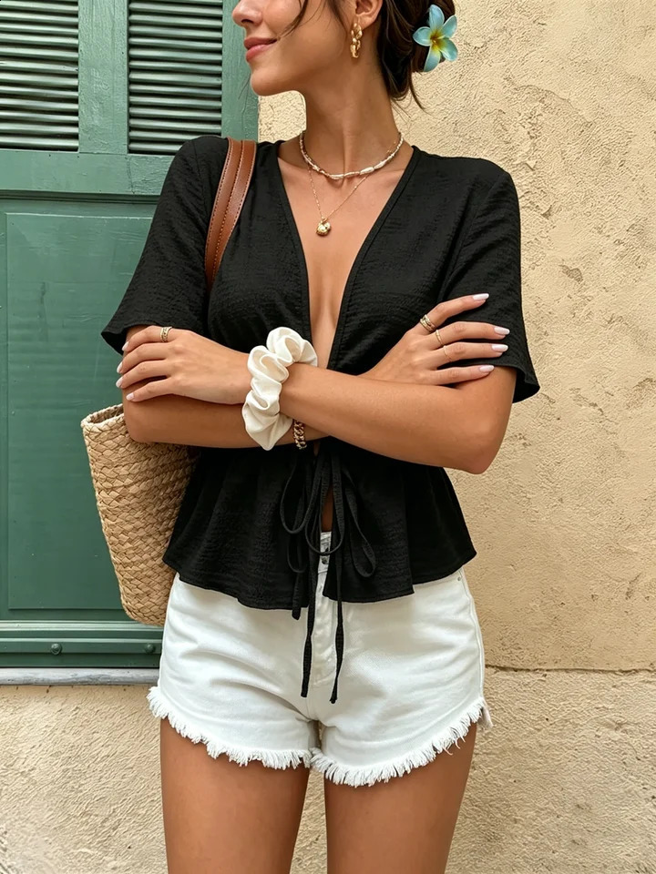 Women V Neck Flare Short Sleeve Shirt Lightweight Textured Tie Waist Peplum Blouse Casual Boho Summer Vacation Brunch Top 260626 - view 7