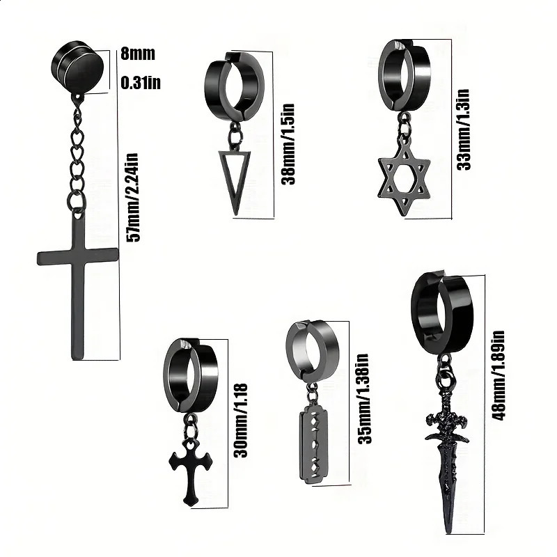 2pcs Fashionable Stainless Steel No Ear Holes Cross Clip NonPiercing Tassel Star Blade Earrings Jewelry for Men Women 260623 - view 6