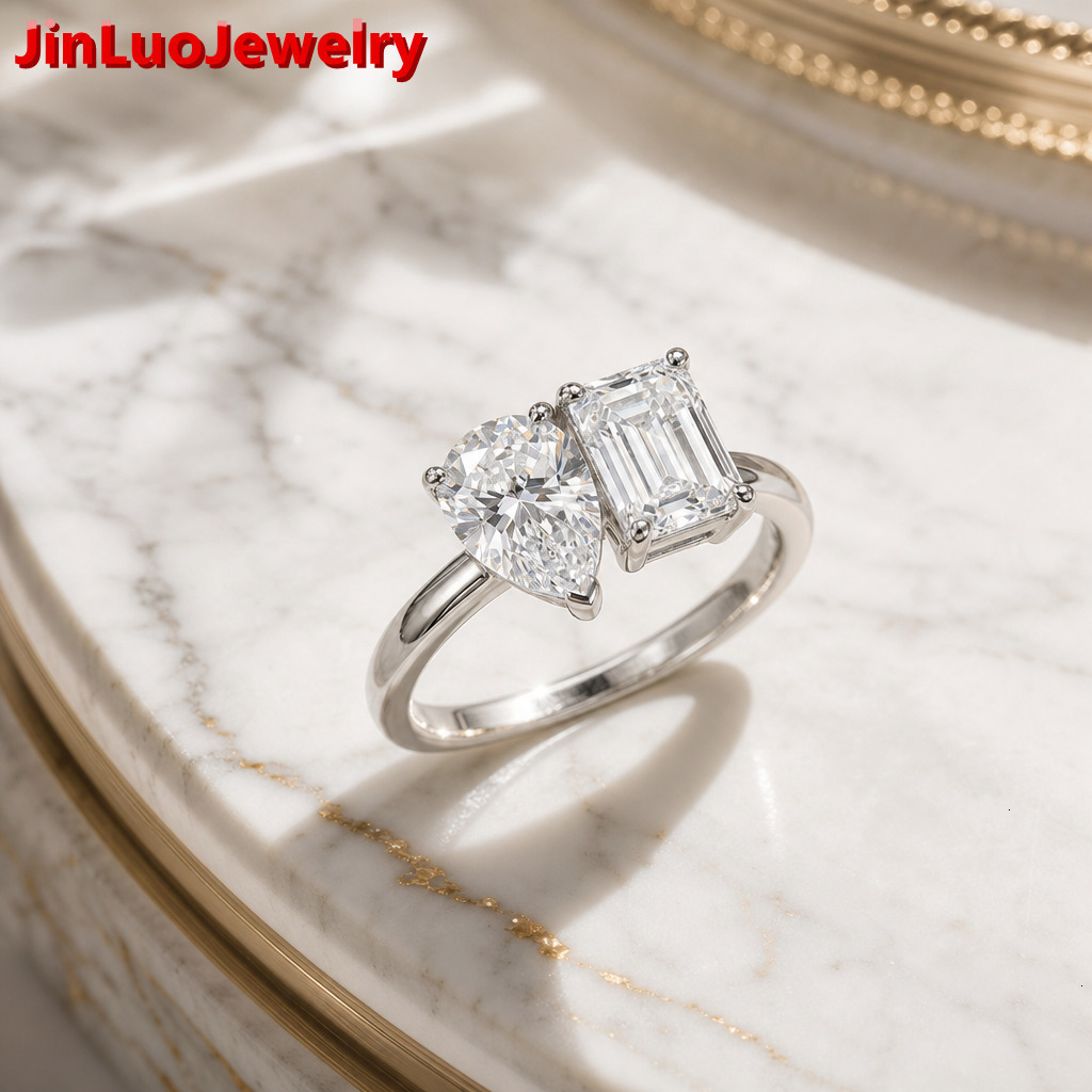 Classic Design Pear Emerald Cut Moissanite Two Stone Sterling Silver Ring for Wedding