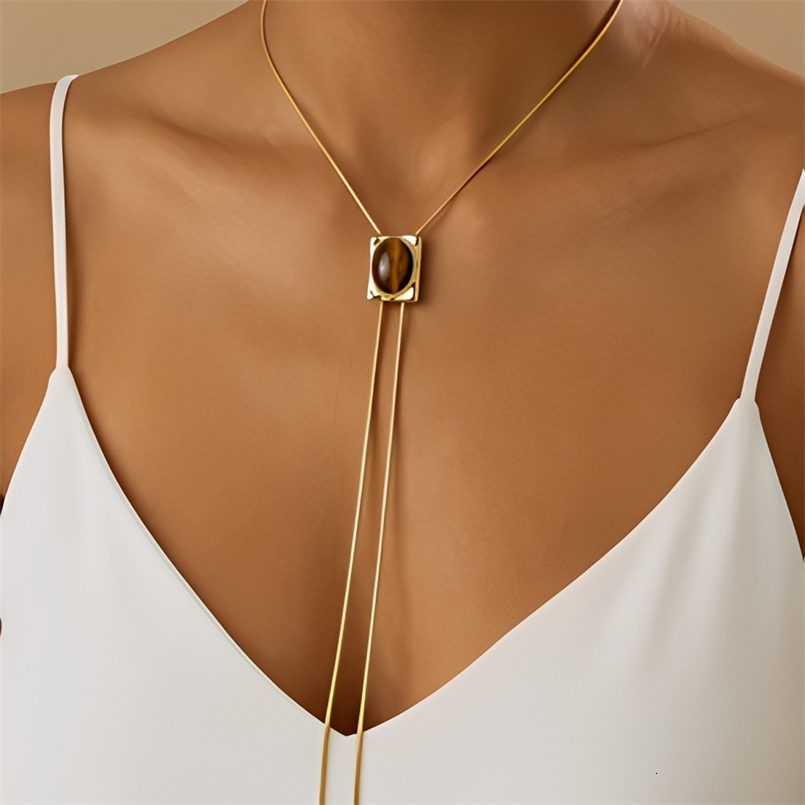 LATS Square Eye Stone Bolo Tie Necklace for Women Vintage Western Y Necklaces Gold Color Chain Cowgirl Style Jewelry 260617