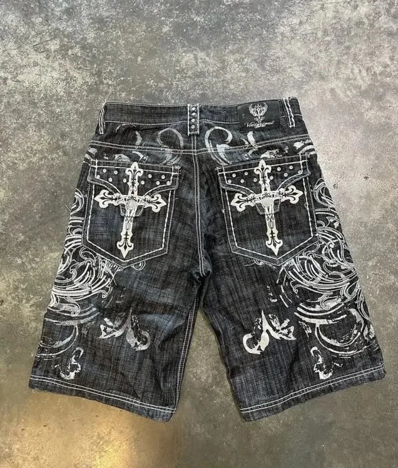 American vintage Gothic Men Denim Shorts Pattern Embroidery Loose Unisex Y2K Printing Korean Casual Fashion Couple 260625 - view 3