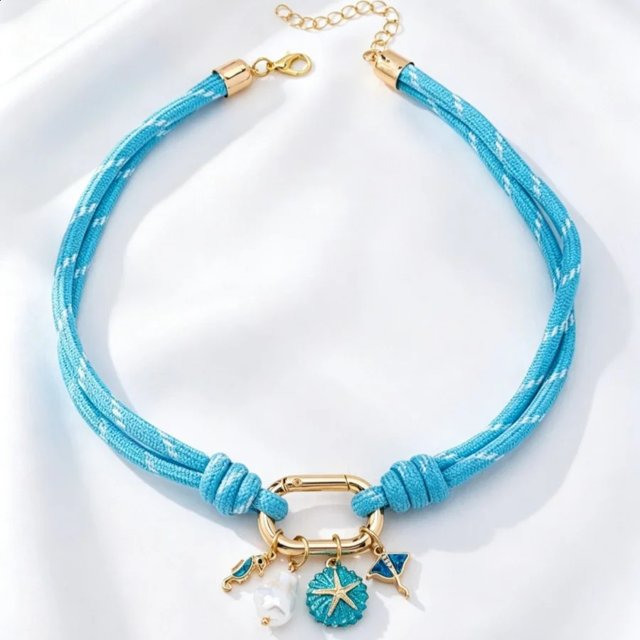 Fresh Summer Blue Braided Cord Choker Necklace Women Ocean Resin Enamel Starfish Seahorse Pendant Beach Vacation Fashion Jewelry 260626 - view 4