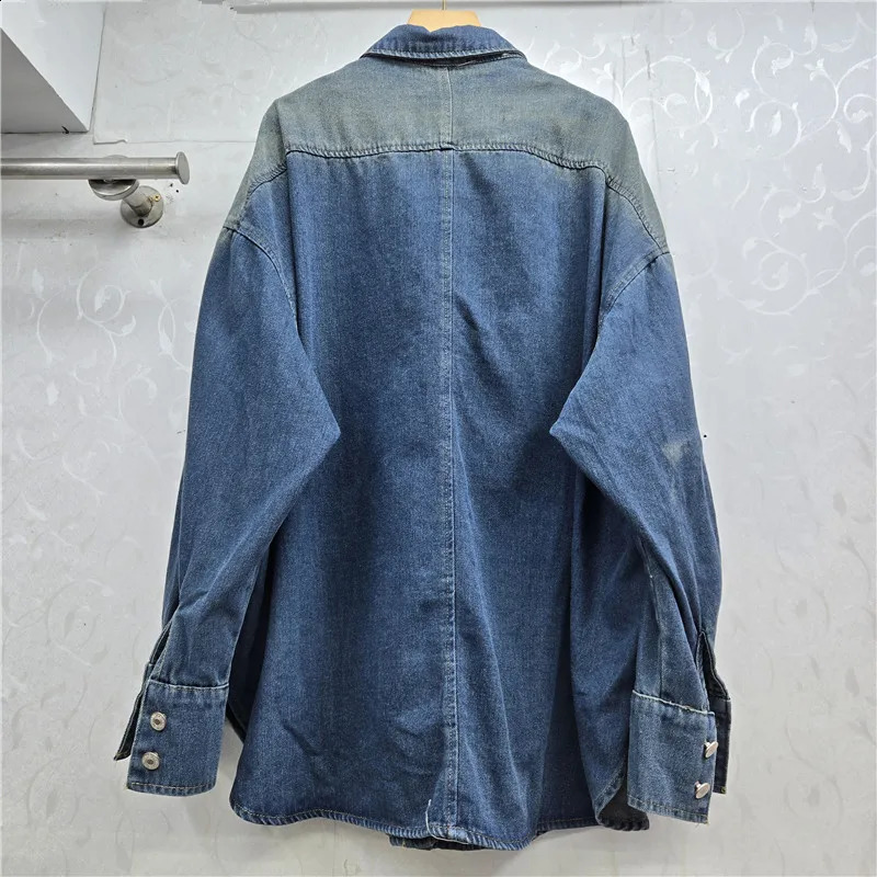 SuperAen European and American Autumn and Winter Polo Collar Long-sleeved Large-button n Contrast Color Loose Denim Shirts 260626 - view 3
