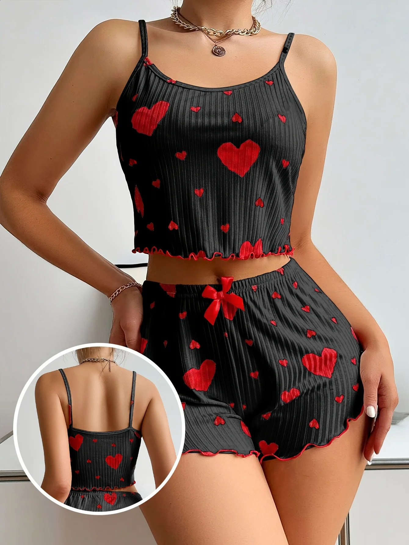 Women 2 Pieces Pajamas Set Homewear Heart Print Underwear Pijamas Sexy Lingerie Camisoles Shorts Sets Nighty Sleepwear 260625