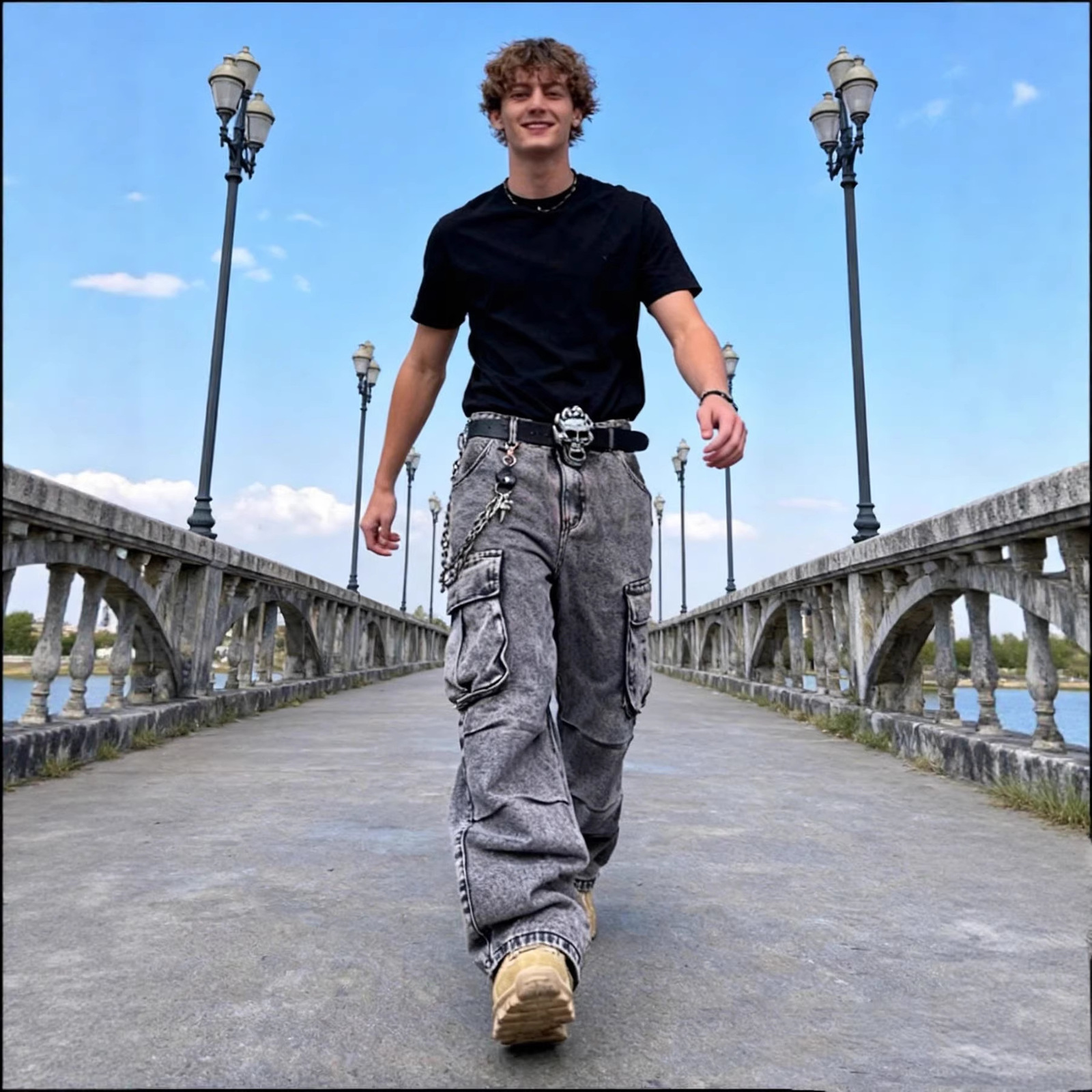 Multipocket workwear jeans for men American style trendy high street loose fit hiphop wideleg straight pants 240819