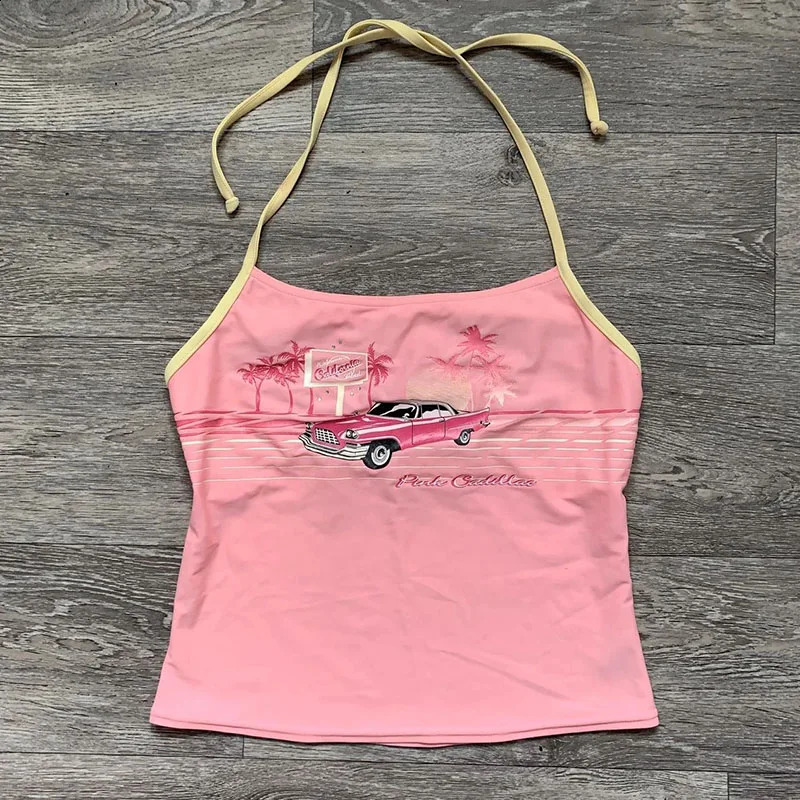 Summer Harajuku Women Clothing Halter Aesthetic Sexy Pink Kawaii Automotive Print Sleeveless Tanks 2000s Crop Vintage Cute Vest 260626