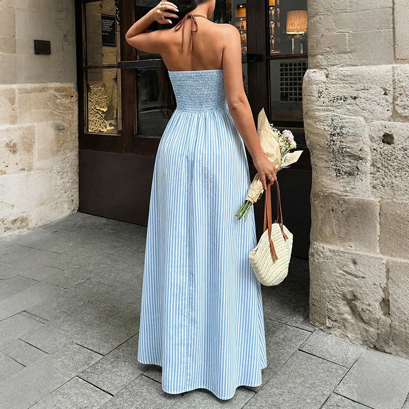 Womens Striped Halter Maxi Dress Deep V Cutout Smocked Back Long Summer Vacation 2026 260625 - view 3