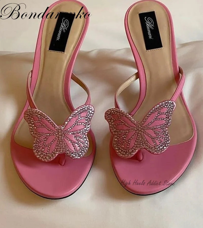 Pink Crystal Butterfly Flip Flop Sandals Women Stiletto High Heels Slipper Summer Party Beach Dress Shoes Mules 260626 - view 5