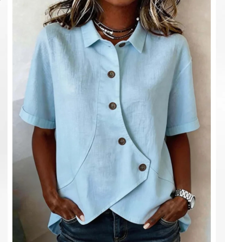 Summer Womens Casual Solid Irregular Shirt Fashion Elegant Top Button Short Sleeve Holiday Party Tops And Blouses 260626 - view 3