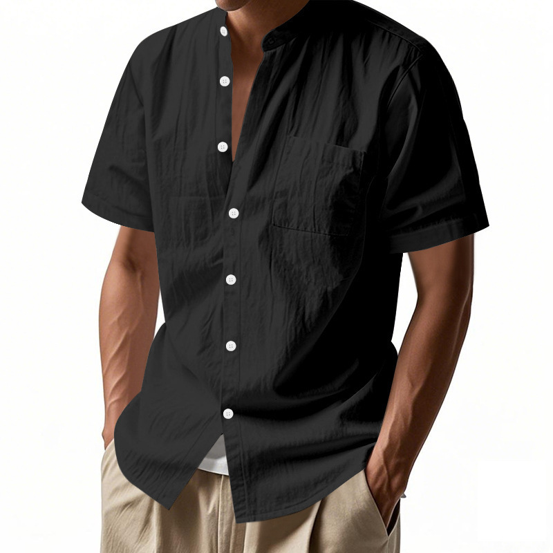 Mens Summer Loose Linen T-Shirt Solid Color American Style Henley Collar Beach Short Sleeve Shirt - view 3
