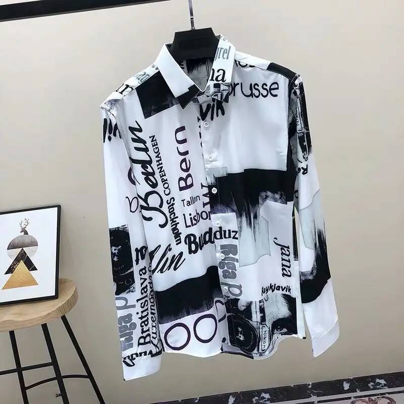 Men's Casual Shirts Polo Spring Autumn New Turn-Down Collar Fashion Long Sleeve Shirt Man High Street Casual Loose Button Cardigan Letter Printin
