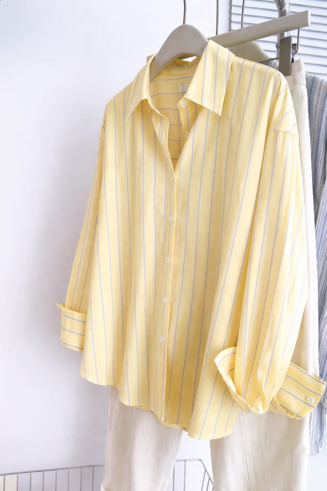 Womens Yellow Striped Button Down Shirt Casual Long Sleeve Blouse 260626 - view 5