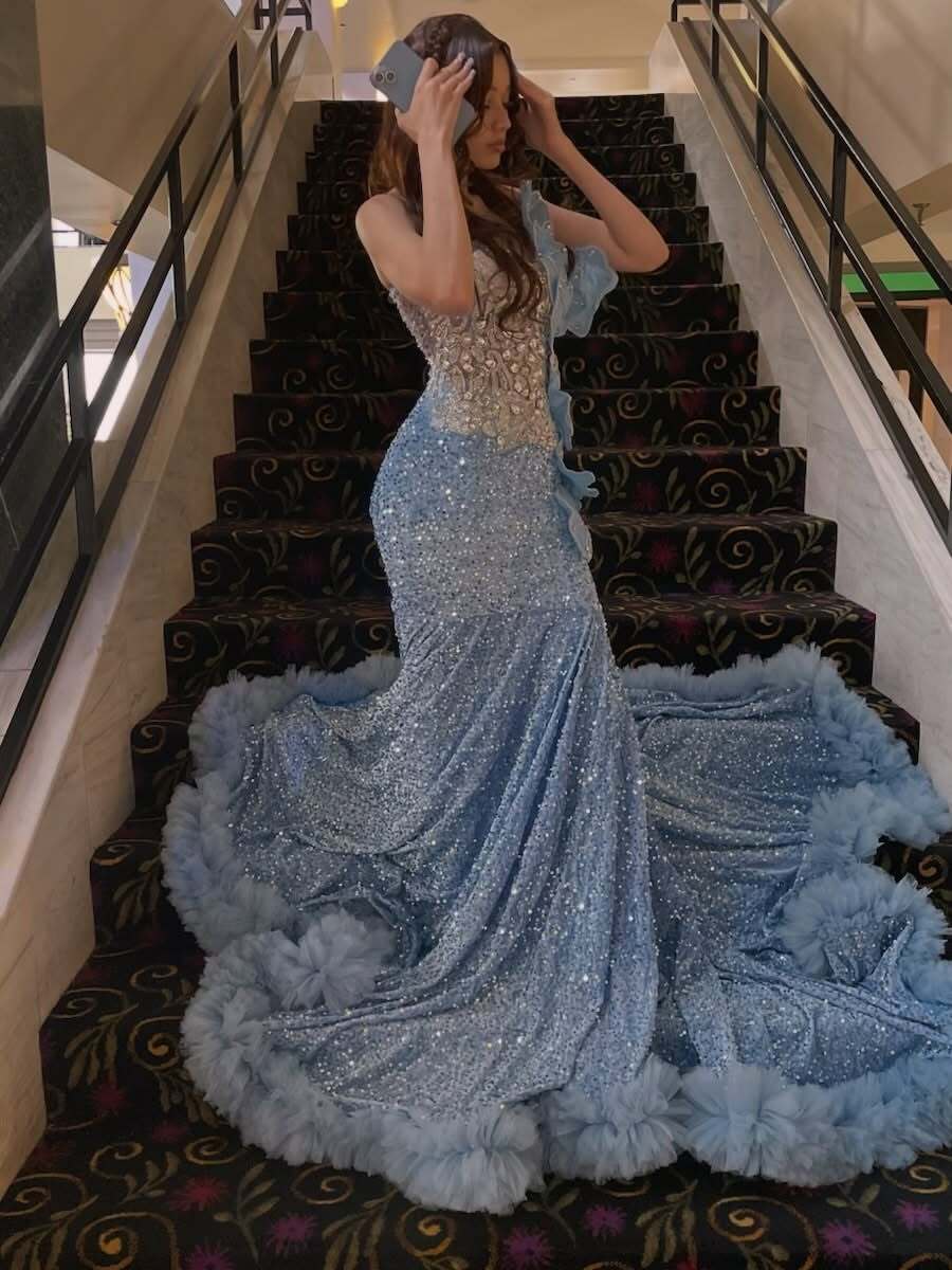 Light Blue Squined Prom Dress With Ruffles Crystal Beaded Occasion Guest Black Girls Evening Party Birthday Gown - view 3