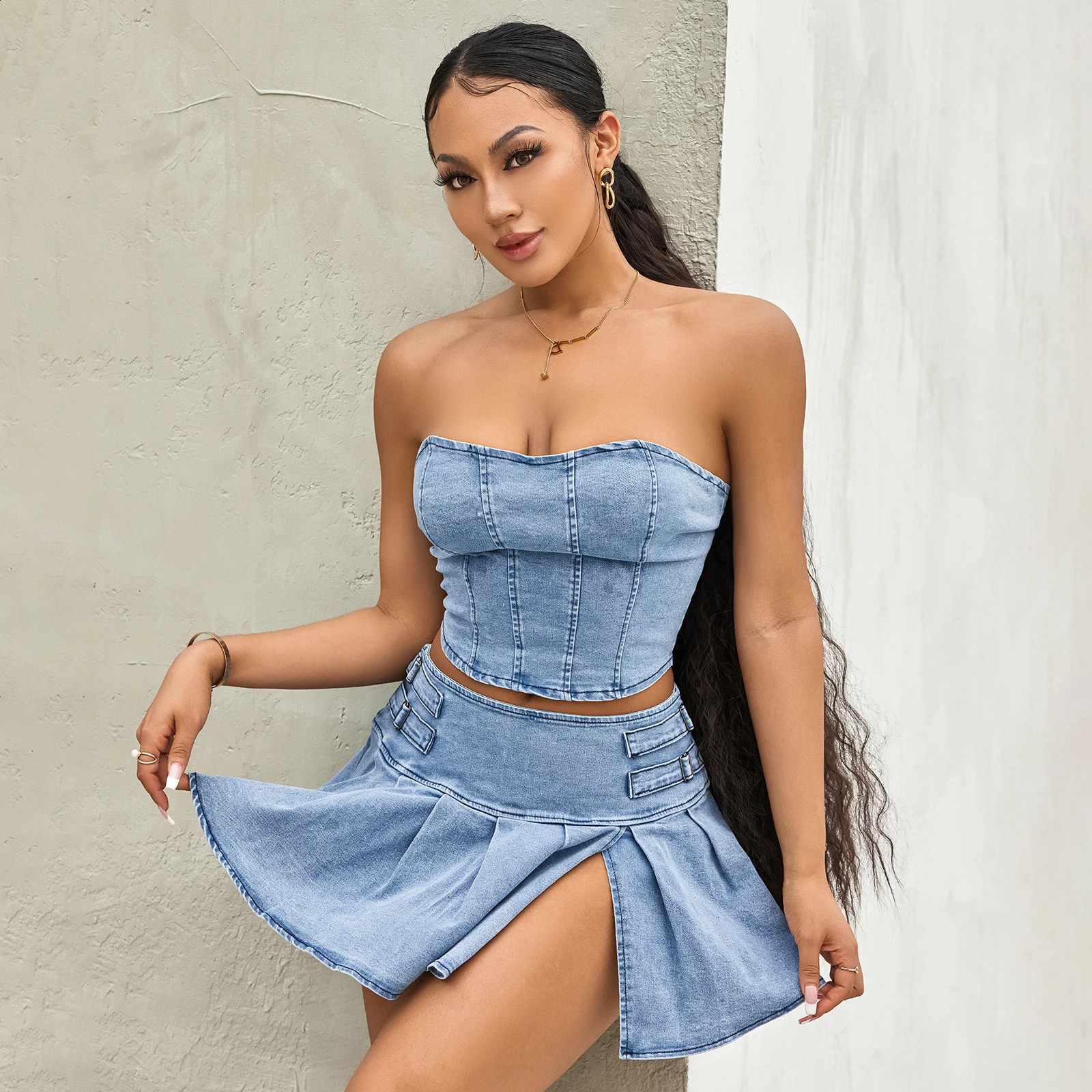 Women Summer Outfit Sets Solid Color Sleeveless Off Shoulder Zipper Bandeau Pleated Denim Skirt 2 Pieces Set 260626 - view 4