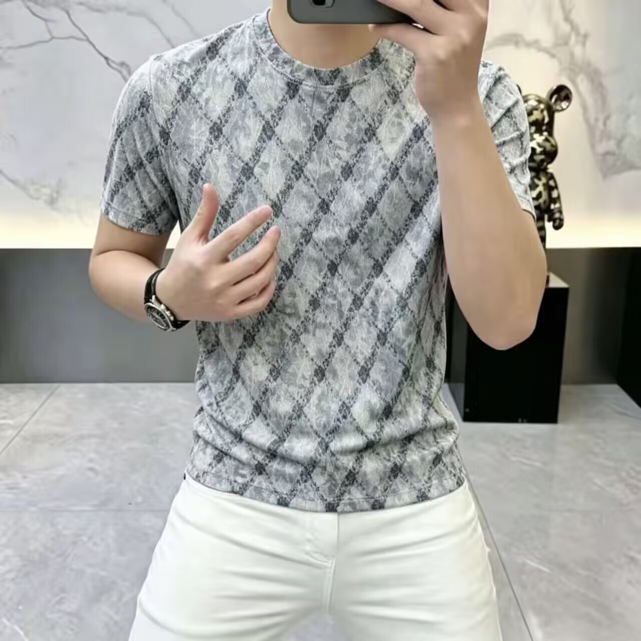 High-End Ice Silk Color-Block Men's Short-Sleeve Breathable Versatile Casual Hollow-Out T-Shirt With Round Neck