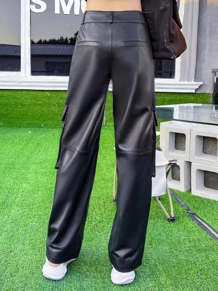 Boyfriend Style Women Multi Pockets Straight Pants Sheepskin Genuine Leather Cargo Spring Autumn Long Trousers Female 260625 - view 6