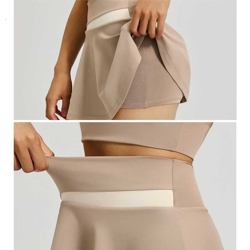 2 Tone Womens Piece Two Yoga Set Short Sleeve Yoga Top with Bra Pads High Waist Skort with Liner Running Fitness Sportswear M260626 - view 6