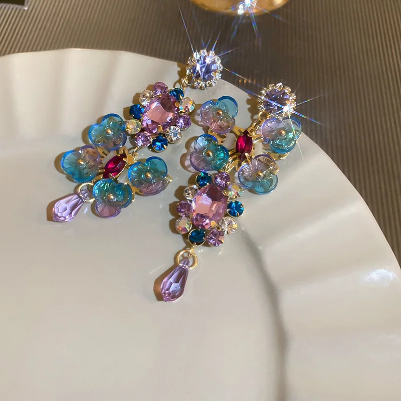 Rhinestones Asymmetric Artificial Crystal Flower Round Light Water Drop Dangle Earrings Bohemian Earring K- 260625 - view 5