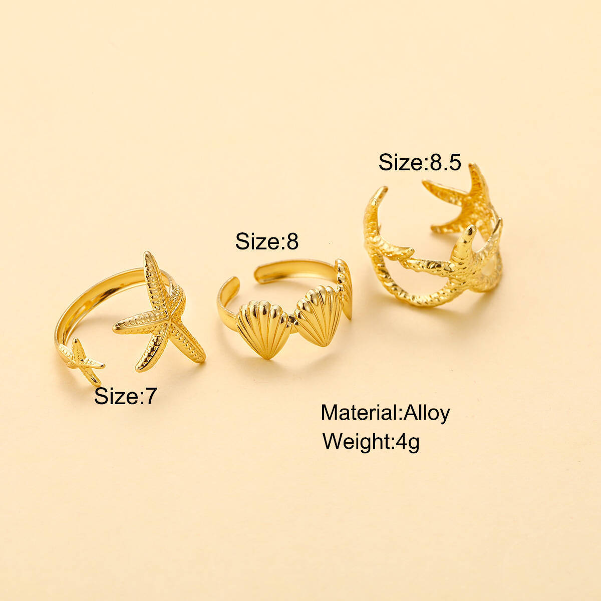 European and American Cross-Border Hot Sale Summer Beach Shell Starfish Adjustable Open Niche Style Ring Wholesale - view 3