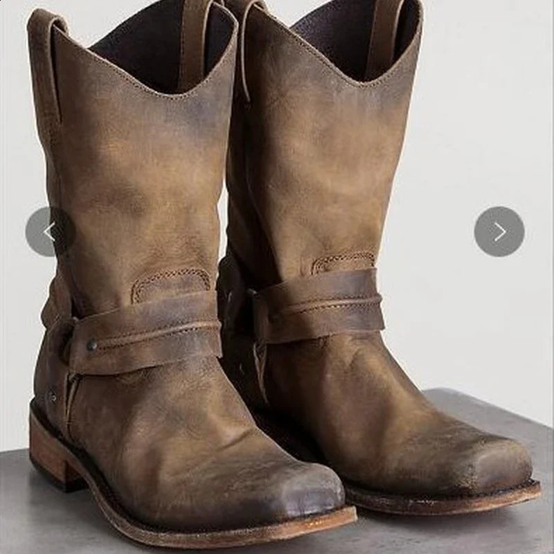 Retro Cowboy Boots Women Men Mid Calf Outdoor Boots Vintage PU Slip on Shoes Winter Gladiator Booties Unisex Brown Long Boots 260626 - view 1