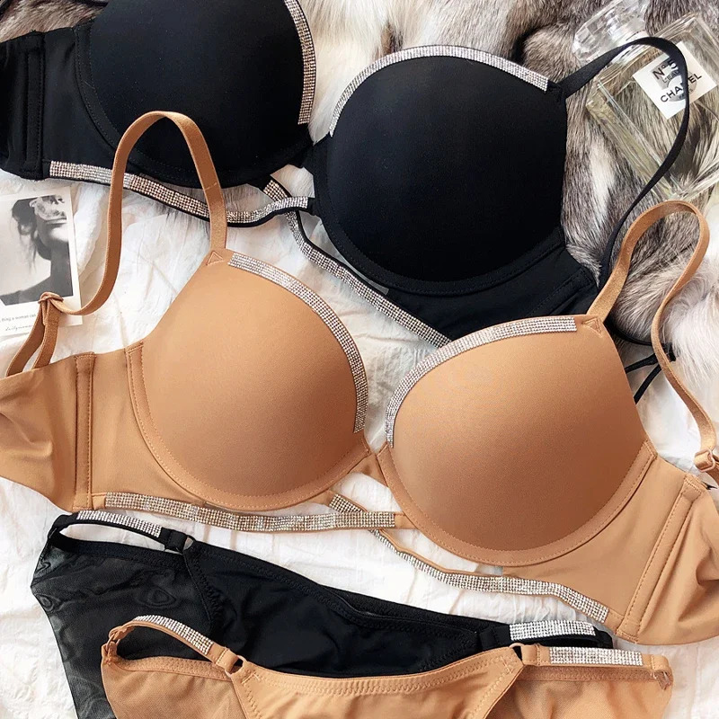 2 Pieces Sexy Underwear Set for Women Classic Cross Hollow Bra Sparkle Rhinestones Lingerie Deep V Push Up Brassiere 260626 - view 5