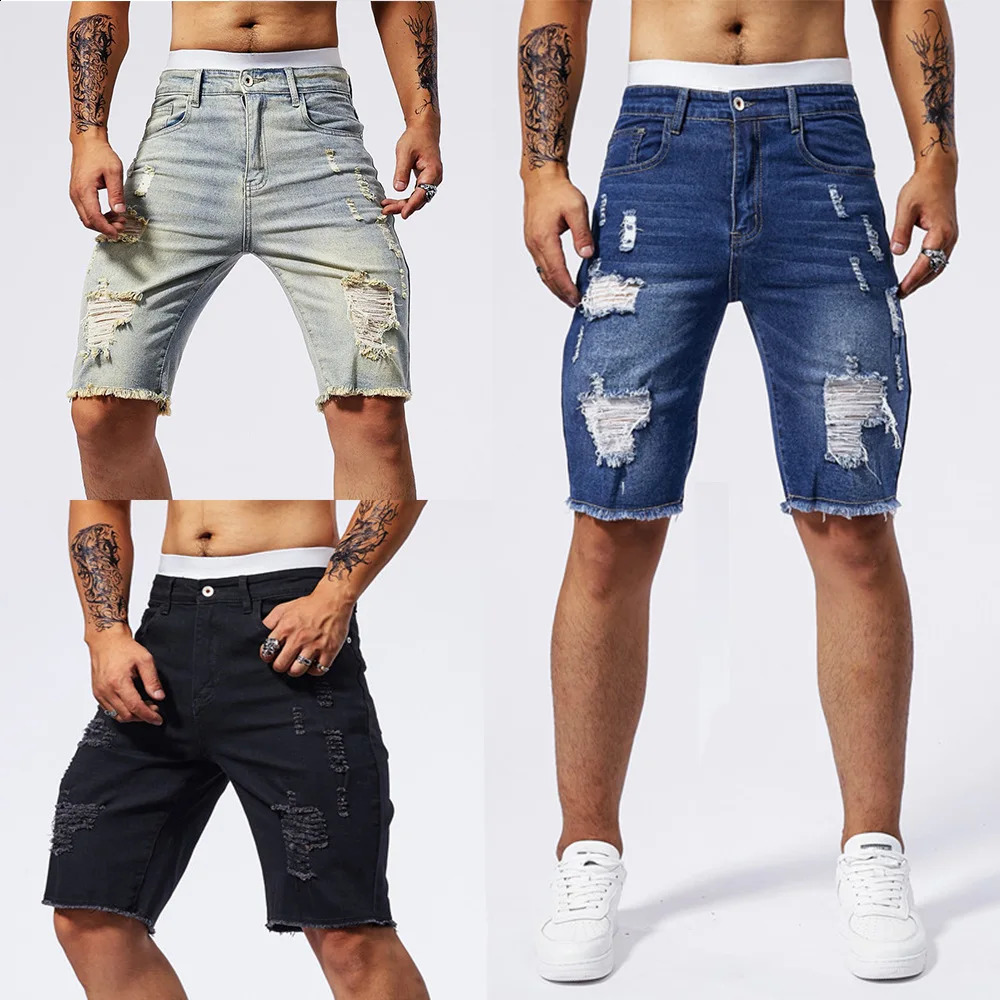 Summer Ripped Jeans Men Stretch Denim Shorts Male Short Slim Straight Fashion Black Man Clothes Streetwear 260625 - view 3