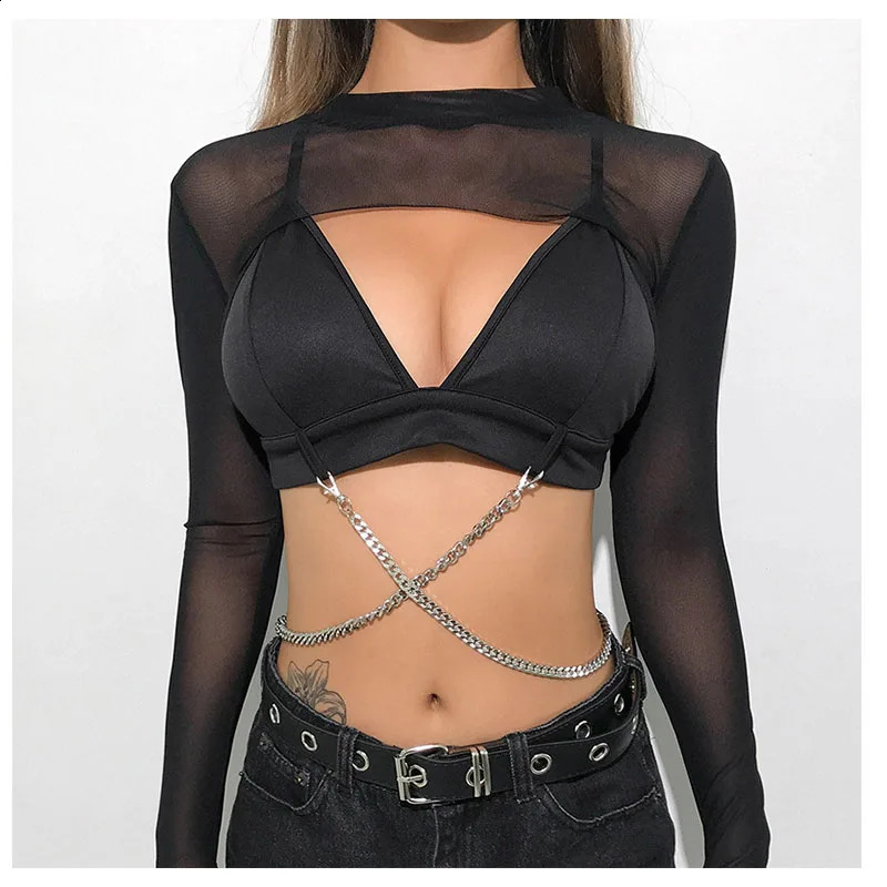 Sexy Women Crop Top Mesh Sleeve T-Shirt Sexy Tops Hollow Out Transparent Tops Ladies T Shirt Black Top Casual T-shirt Tee Shirts 260626 - view 5