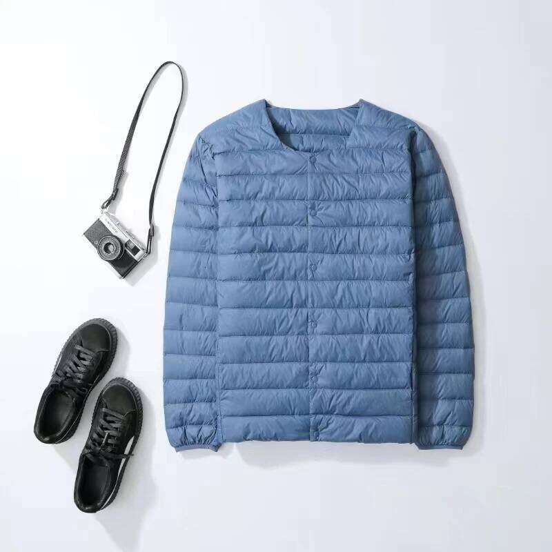 A light and down jacket for men, with collarless warm inner lining, can be worn inside a round-neck thin coat J260626