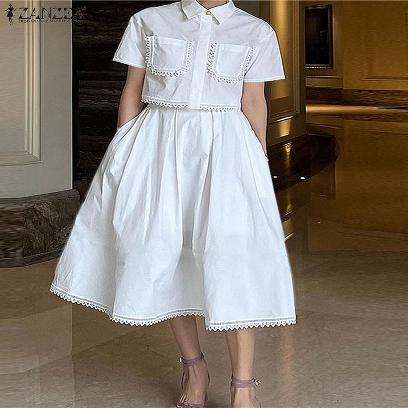 ZANZEA Womens Casual 2 Piece Sets Lace Trim Short Sleeve Crop Tops Aline Midi Skirts 2PCS Outfits Elegant Commute Skirt 260625