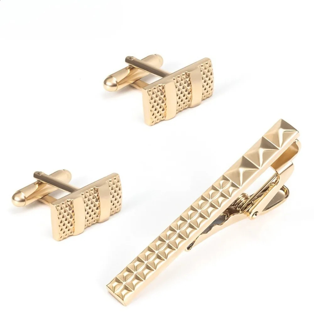 A Set Stock High-End Electroplated Mesh Metal Tie Clip French Cufflinks Set for Men Premium Quality Stylish Grid 260626 - view 1