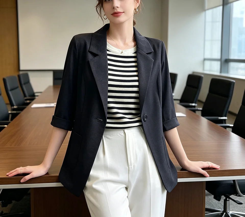 2026Summer Thin White Blazer Women 34 Sleeve Loose Fit Office Suit Jacket Elegant Business Formal Work Coat 260626 - view 3