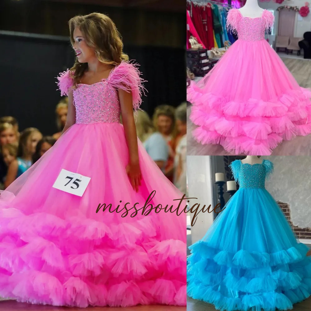 Preteens Girl Pageant Dress 2025 Feather Beading Strap Ruffle Tulle Little Kid Birthday Formal Party Gown Infant Toddler Teens Tiny Young Junior Miss 