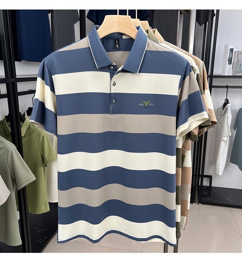 Summer New Business Casual Color Woven Polo Shirt Wide Stripe Turn-Down Collar Short Sleeve T-Shirt Dad's Outfit - view 5