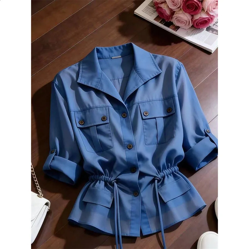 Blue Thin Micro-transparent Shirt coat Womens Spring Summer 2026 Style fashion long sleeve TeeShirts Sunscreen clothing 260626 - view 5