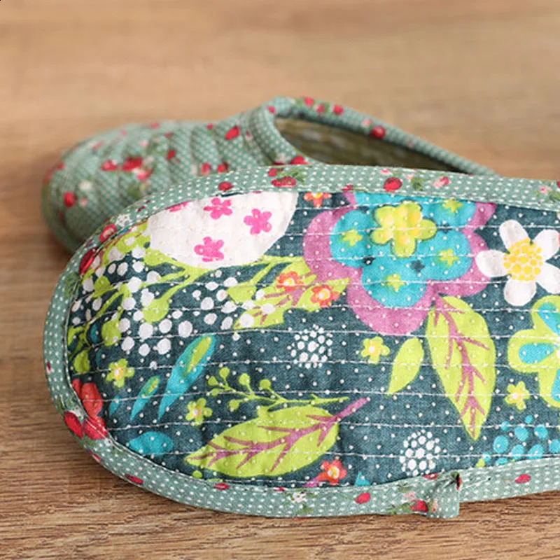 25cm Vintage Floral Home Shoes Slippers Women Cotton Fabric House Slipper Sewing Comfy Flat Shoes Indoor Soft Travel 260624 - view 7