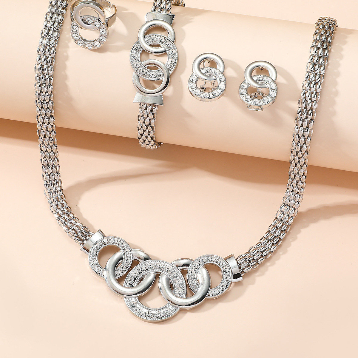 18K Gold Plated Interlocking Circle Rhinestone 4Pcs Jewelry Set Double Layer Snake Chain Women Necklace Earrings Bracelet Ring - view 5