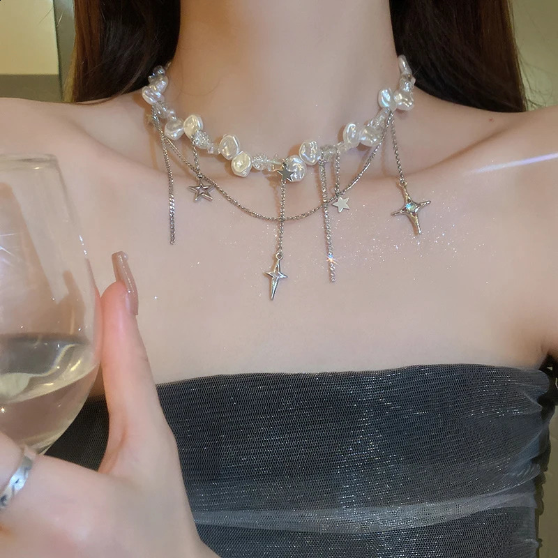 Silver Color Hollow Star Choker Necklaces For Women Long Tassel Rhinestone Pearl Chain Necklaces Statements Jewelry K- 260624 - view 5