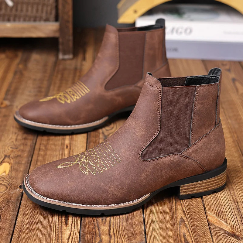 Retro Chelsea Boots Men Shoes PU Brown Embroidery Business Casual British Style Street Urban Wear Classic Black Ankle Boots 260626 - view 4