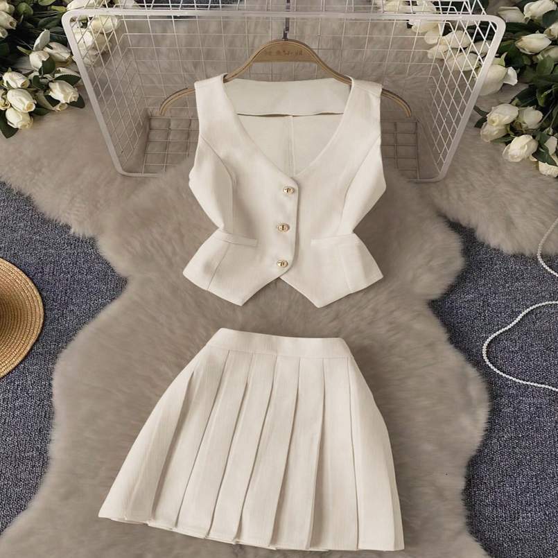 Womens Elegant Beige VNeck WaistCinching Vest Pleated Skirt 2 Piece Set Gold Button Blazer Waistcoat ALine Mini 260625