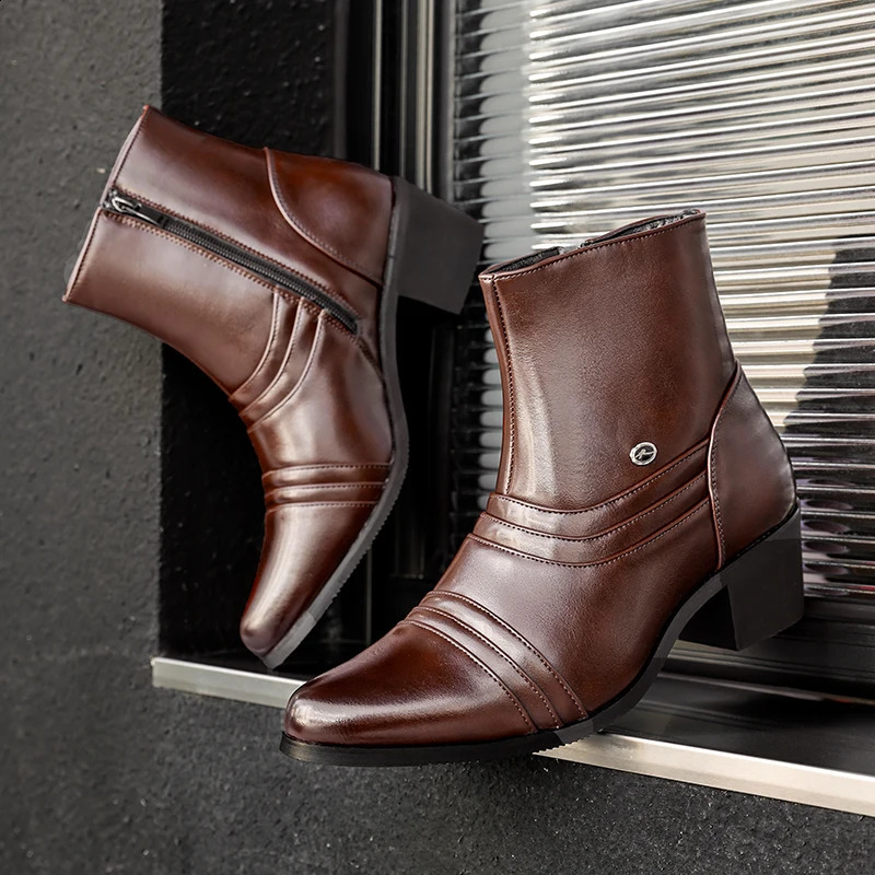 Men Pointed High Top Boots PU Solid Color Fashionable and Simple Business Banquet Men High Heeled Ankle Boots 260626 - view 1