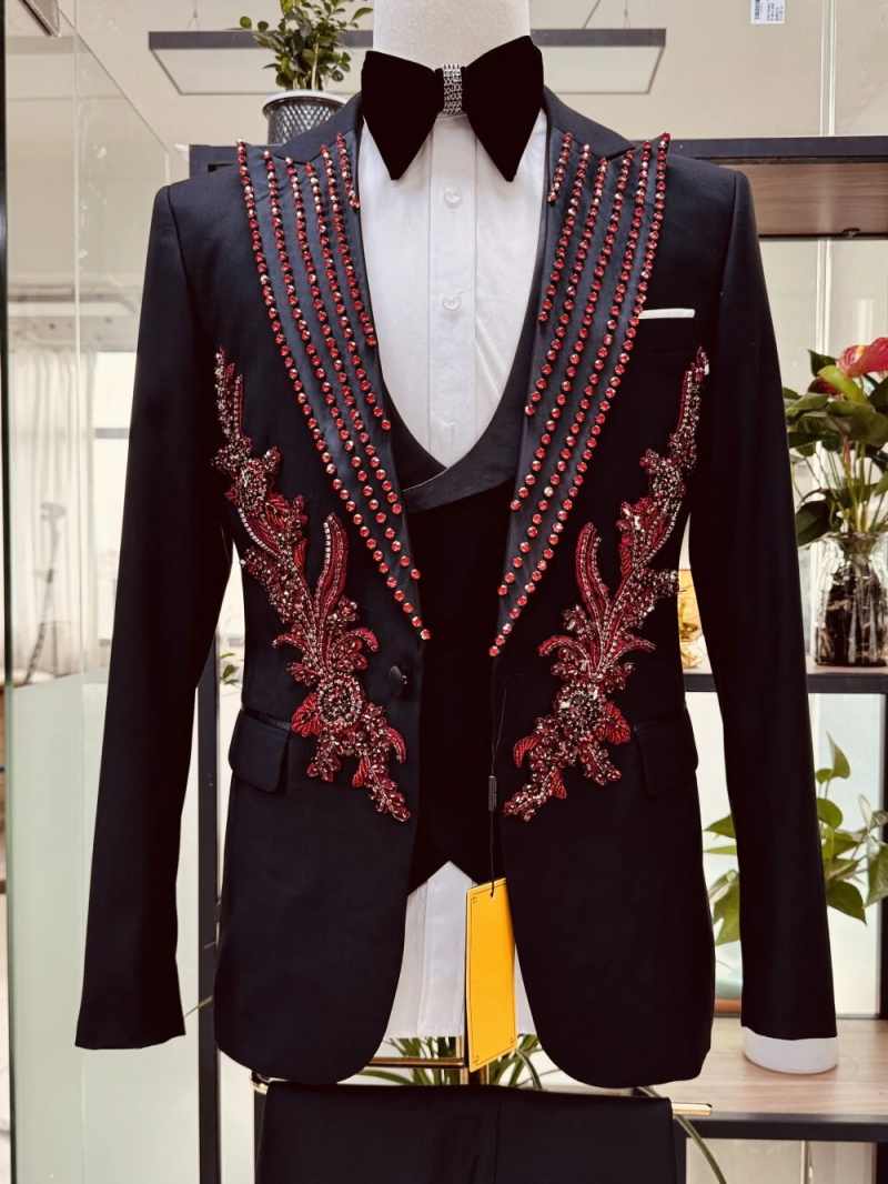 Handsome Wedding Mens Suits 3 Pieces Blazer Pants Vest Peaked Lapel Diamond Beading Party Prom Customized trajes de hombre - view 6