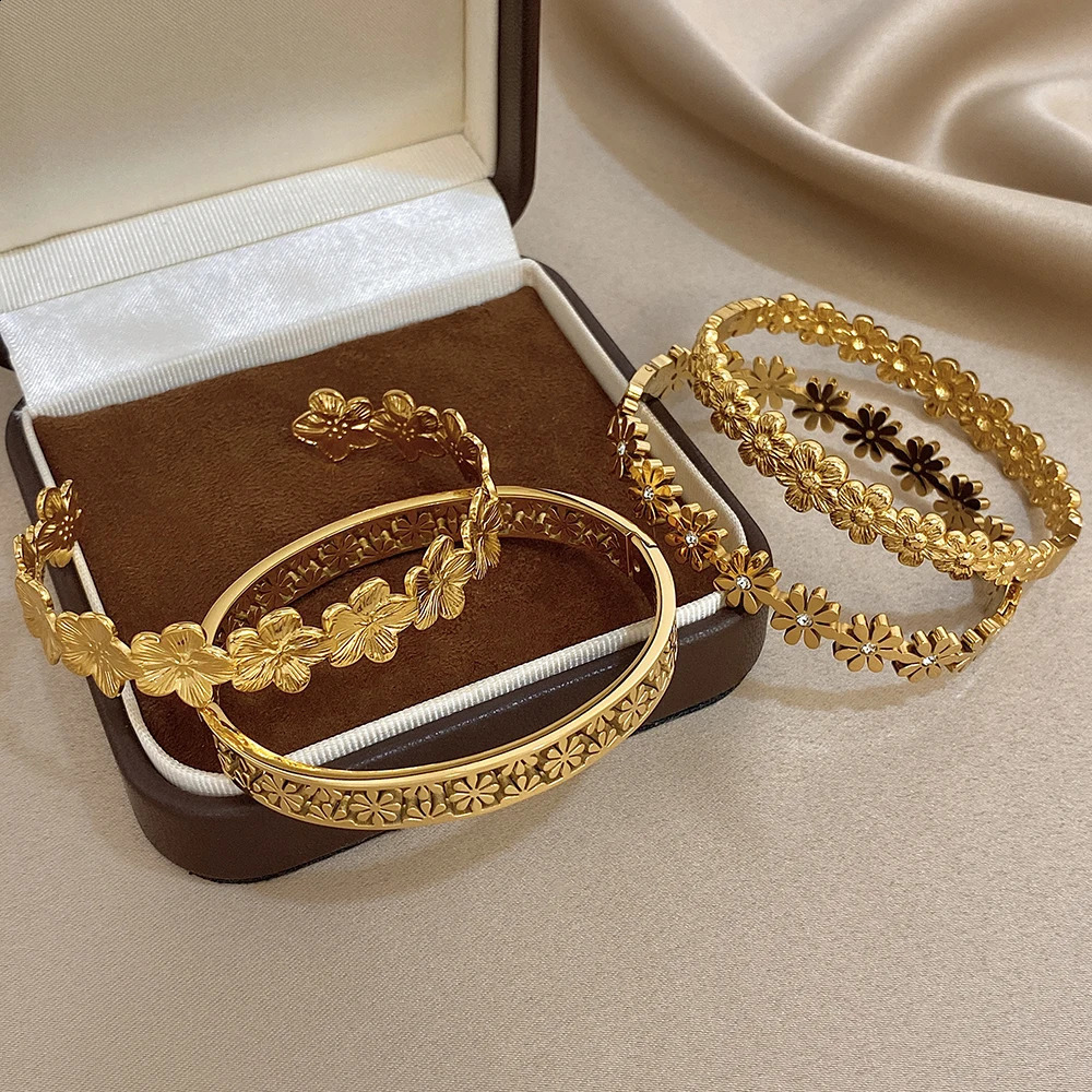 316L Stainless Steel Flower Cuff Bracelet Bangle for Women Fashion Hollow Floral Aesthetic Couple Wrist Stacked Jewelry Gifts 260625 - view 5