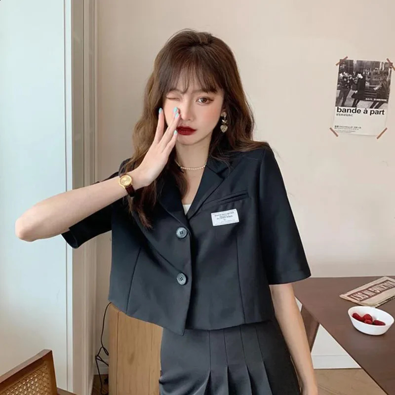 Short Sleeve Blazer Jacket Ladies Summer Thin Notched Collar Suit Coat Women Casual Wild Black White Outwear Tops 260625 - view 7