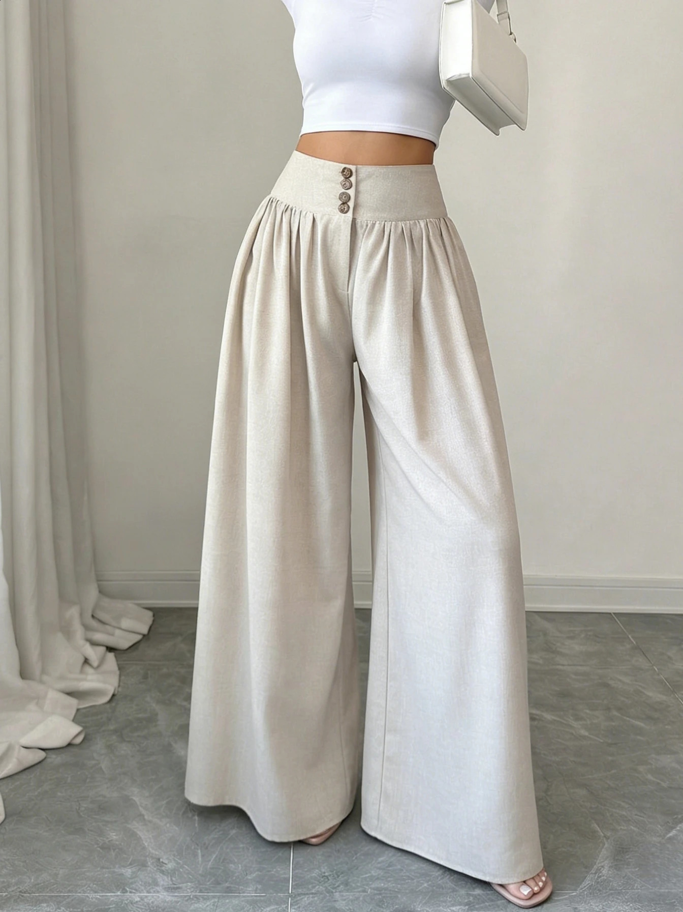 Women Khaki High Waist Wide Leg Pants Button Detail Pleated Front Loose Fit Casual Trousers Office Vacation Spring Summer 260625 - view 6