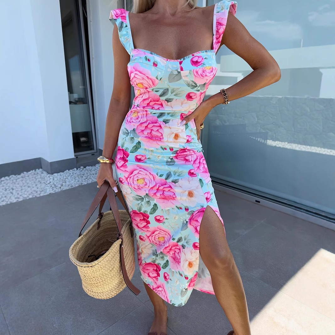 Womens Split Midi Dress Womens French Floral Thin Strap Elegant Design Slim Fit Mid Length Gown For Women Daily Wedding Banquet Dating Outfits - view 5