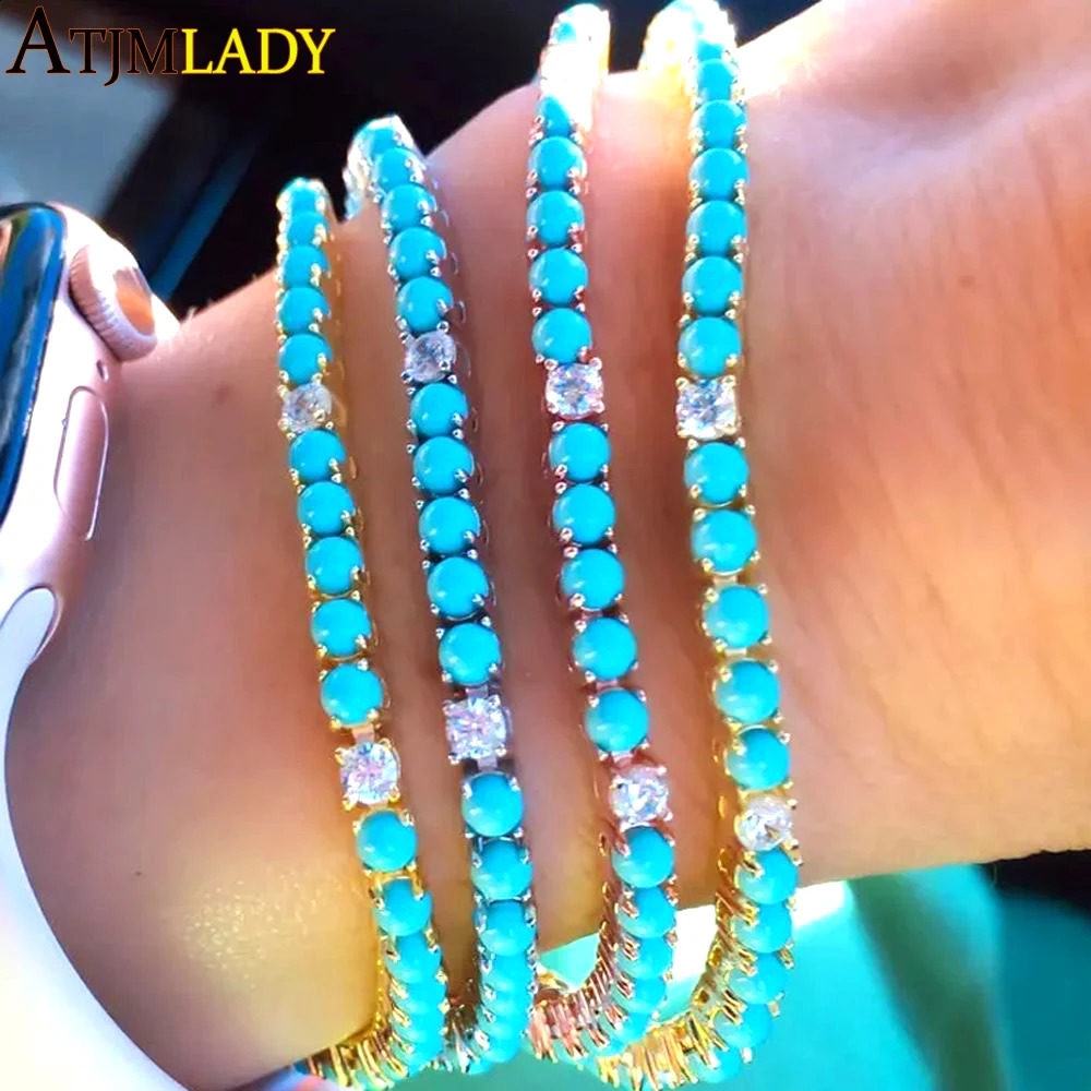 2025 Arrive 3mm Turquoises Bracelet Women Clear Cz Paved Beaded Tennis Chain Bracelet Handmade Jewelry 260626