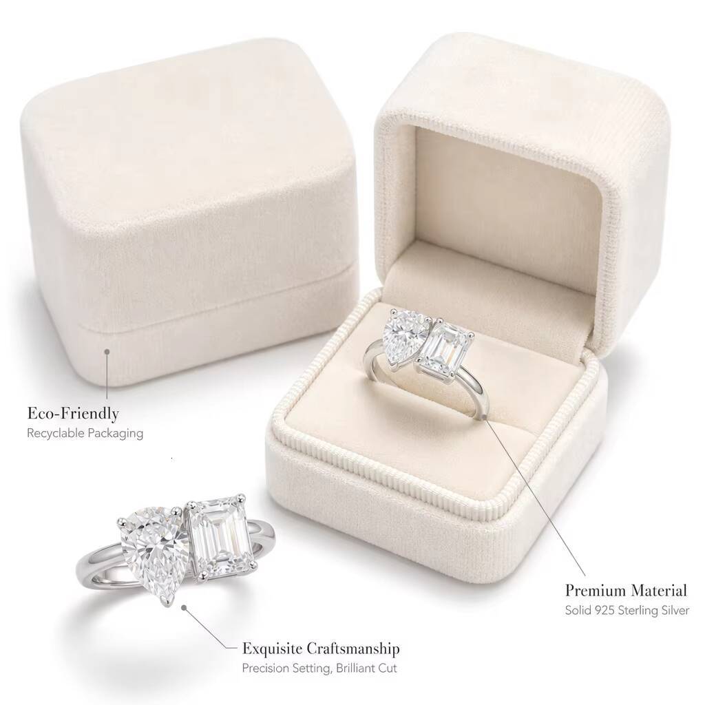 Classic Design Pear Emerald Cut Moissanite Two Stone Sterling Silver Ring for Wedding - view 3