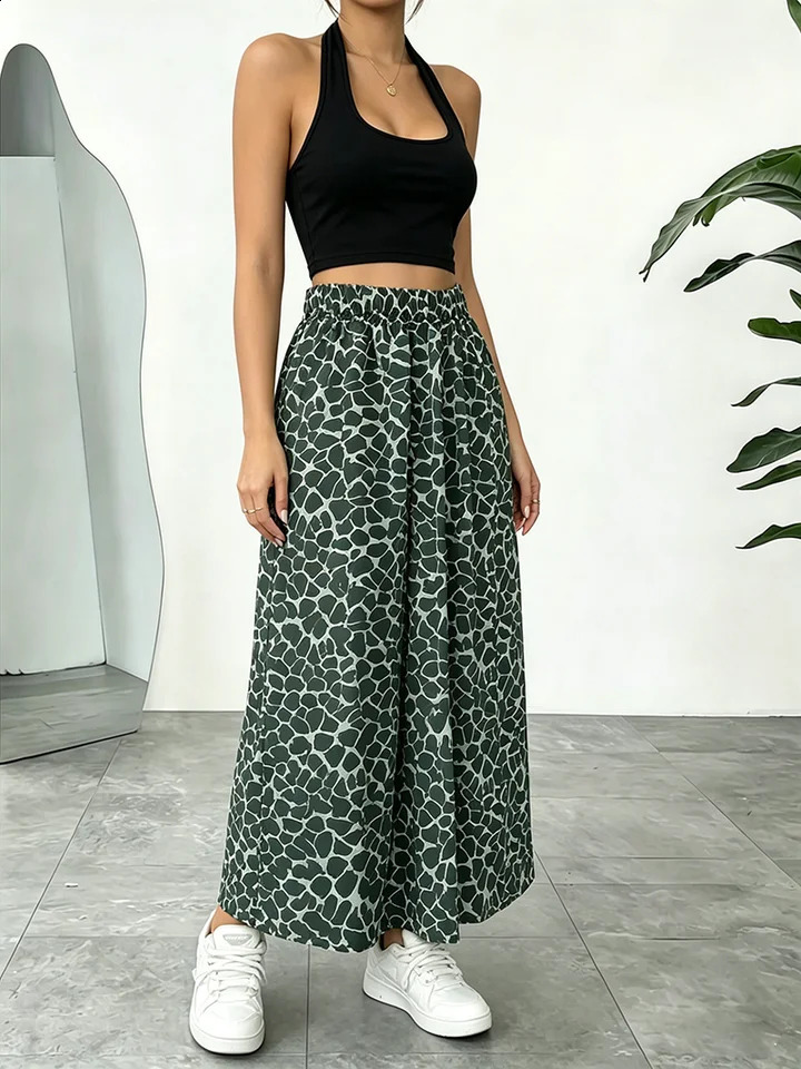 Womens clothing set solid color hanging neck backless vest topelastic waist geometric printed half skirt long 260626 - view 5