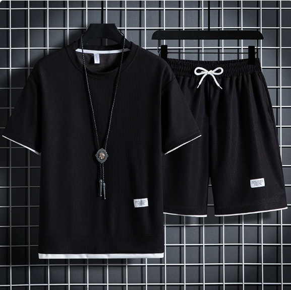 Summer New Waffle Pattern Suit, Korean Style Loose Fit, Men's Youth Solid Color Simple Short-Sleeve Shorts