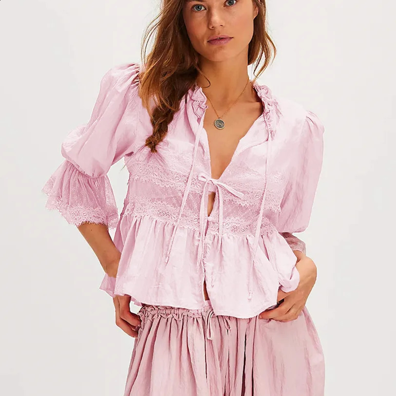 Womens Half Sleeve Loose Shirt Sheer Lace Patchwork Tie-up Bow Peplum Tops for Summer Embroidered Eyelet Peasant Blouses 260626